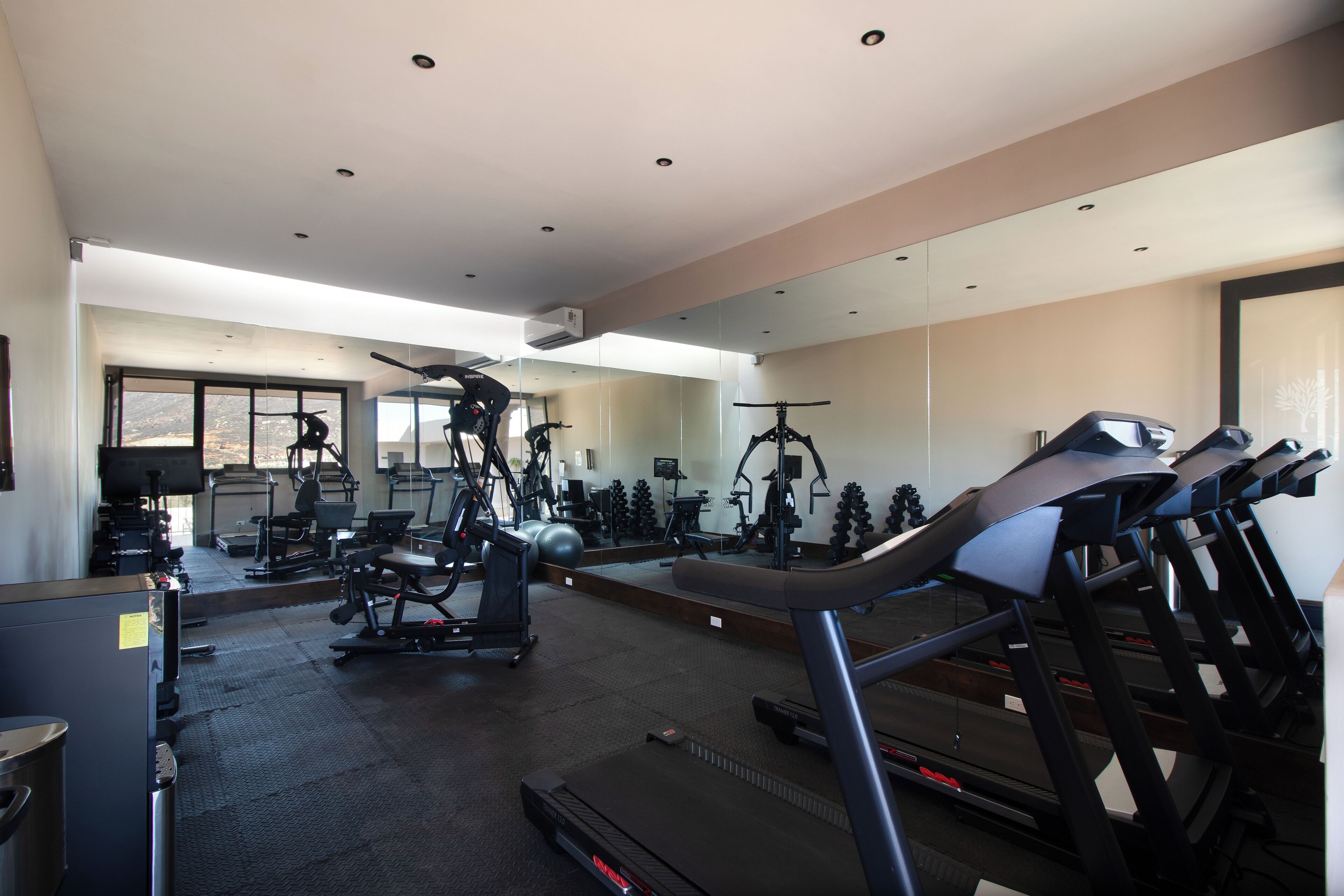 Un gimnasio con diversos equipos de ejercicio, como cintas de correr y máquinas de pesas, y un espejo grande que refleja el espacio.