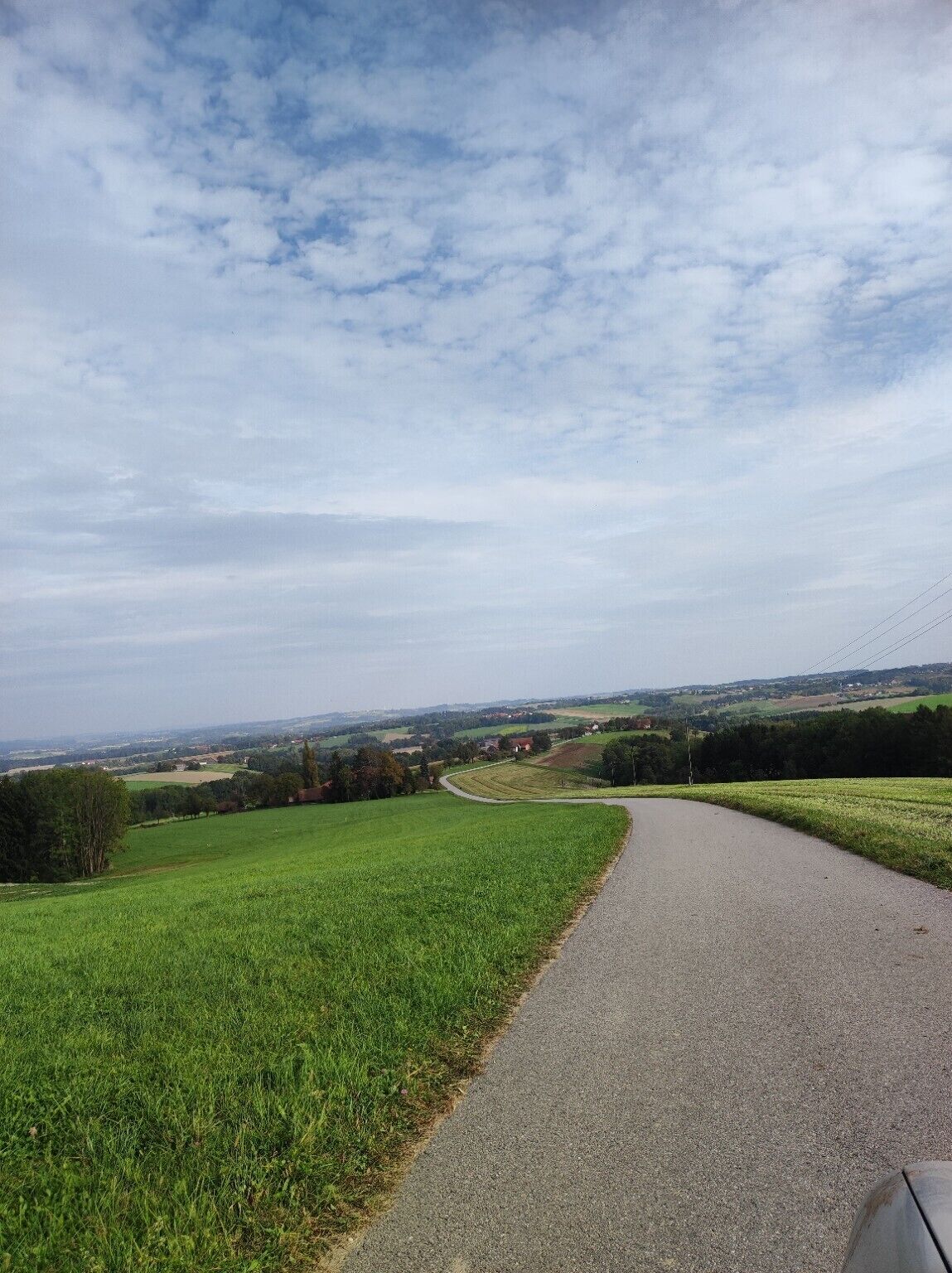A rural road curving through green fields with distant houses and a clear sky.
