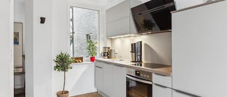 Fridge, stovetop, dishwasher, coffee/tea maker
