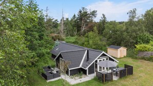 Une maison avec un toit en pente, une cour clôturée et un petit abri de jardin.