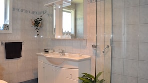 A modern bathroom with a white sink, mirror, and glass shower enclosure. - A very comfortable home with river views and walking distance to Nelson City (East)