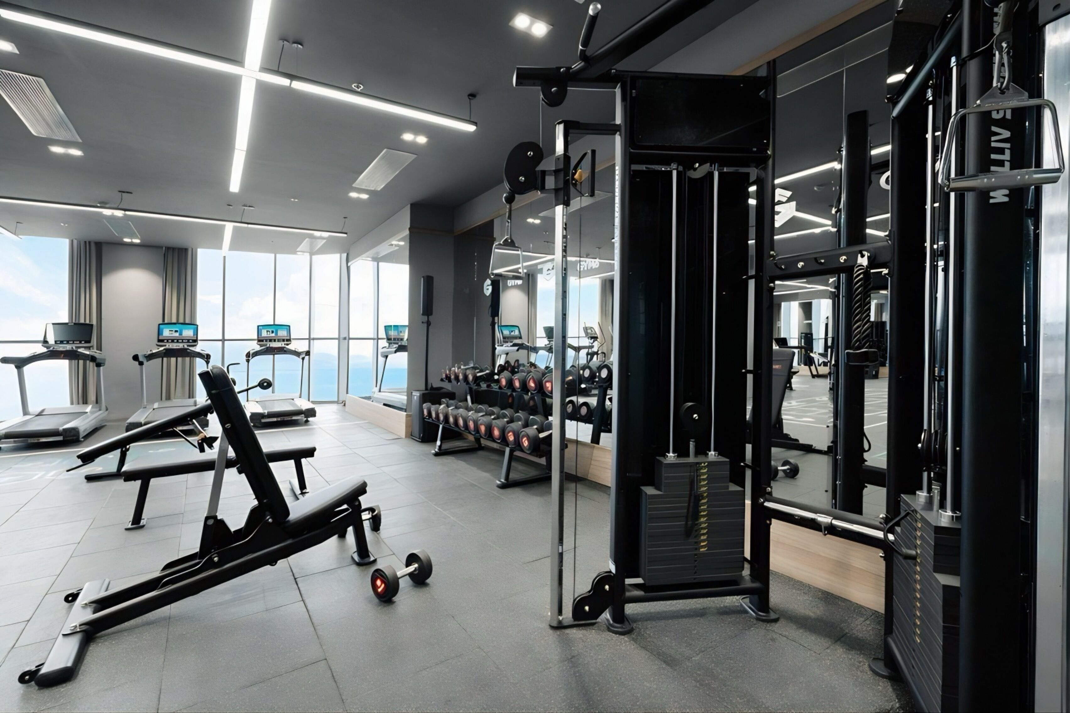Een moderne sportschool met loopbanden, gewichtbanken en diverse fitnessapparaten.