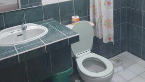 A bathroom with a sink, toilet, and shower curtain. - REGENCY PLAZA TOURIST INN (Bacolod)