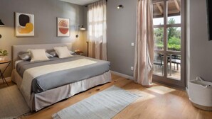 A modern bedroom with a large bed, a window with curtains, and a view of the outdoors. - Rorripa by Interhome (Poreč/Sv. Lovreč)