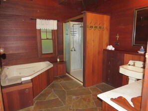 Bañera de hidromasaje, secador de pelo, toallas y jabón