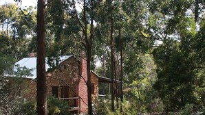 Un bâtiment rustique en briques, entouré d’arbres denses et d’une végétation luxuriante.