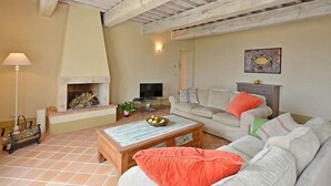 Un salon avec une cheminée, un canapé, une table basse et un téléviseur.