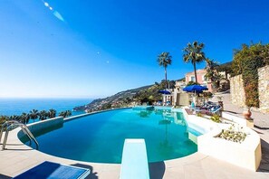 Ein Pool mit freiem Blick auf den Ozean, umgeben von Palmen und einer Steinmauer.