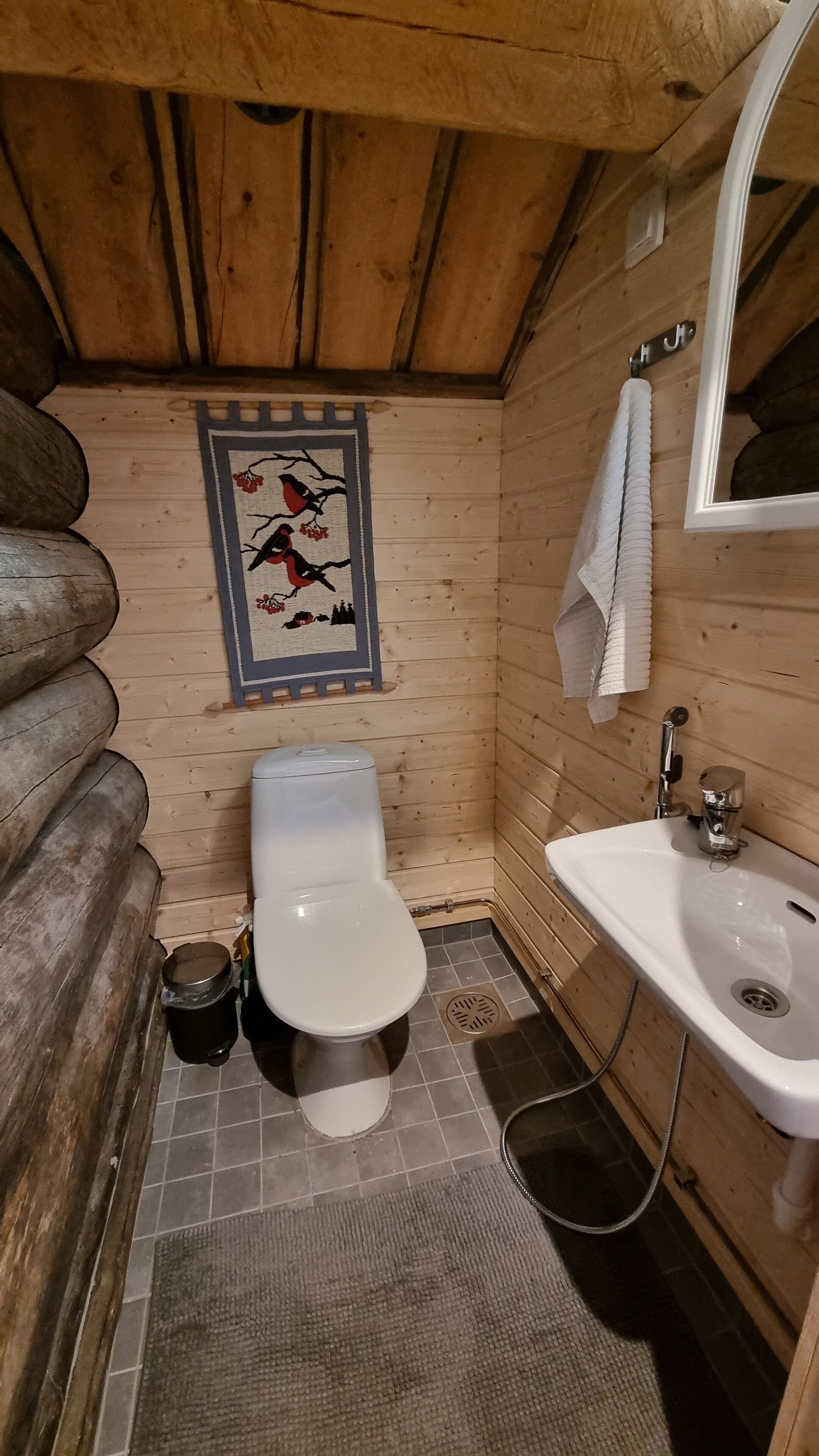 A wooden cabin bathroom with a toilet, sink, and a framed picture on the wall.