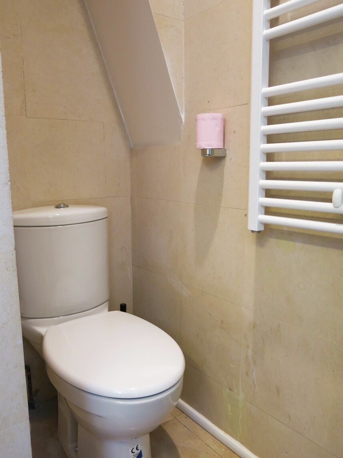 A small, clean bathroom with a white toilet, a towel rack with a pink towel, and a white radiator.