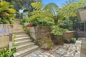 Un escalier en pierre menant à un bâtiment, entouré d’une végétation luxuriante et de fougères.