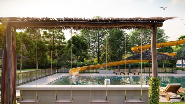 A pool area with a slide, swings, and a thatched-roof structure. - Beautiful holiday home in Voorthuizen (Voorthuizen)