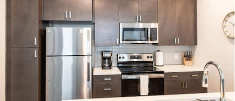 Apartment | Private kitchen | Fridge, microwave, oven, stovetop