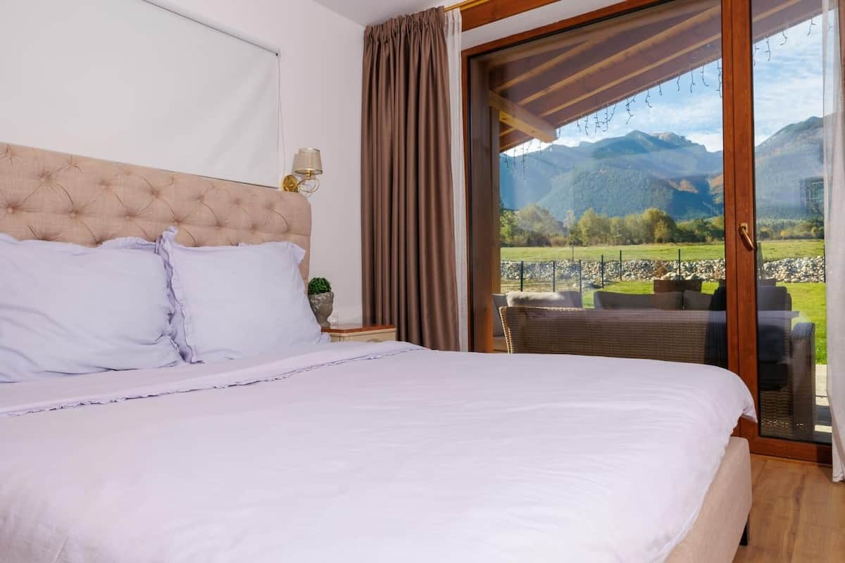 A bedroom with a large bed, a nightstand with a lamp, a potted plant, and a view of a mountainous landscape through a sliding glass door.
