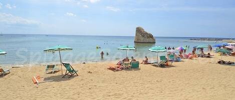 On the beach, sun-loungers