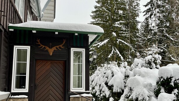 A wooden house with a brown door, stone steps, and snow-covered trees. - Apartment Amina by Interhome (Braunlage)