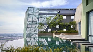 Una piscina al aire libre, sillones reclinables de piscina