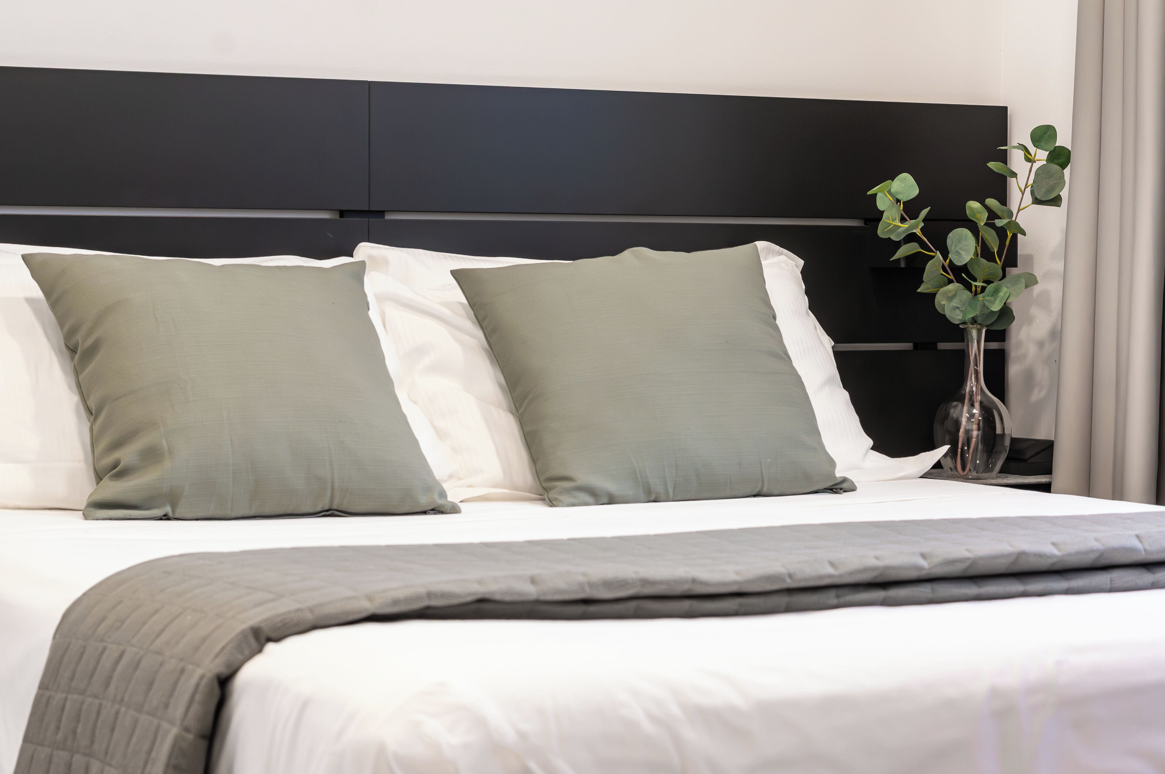 Una cama bien hecha con un cabecero oscuro, dos almohadas y una planta en la mesita de noche.