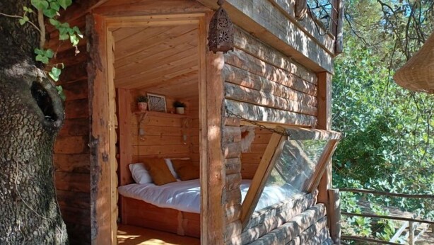 Una cabaña de madera con una cama en su interior, un pequeño estante con objetos y una ventana con vistas a la vegetación.