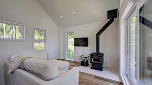 Una sala de estar moderna con sofá, chimenea, televisión y ventanas amplias.