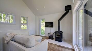 Een televisie en een open haard