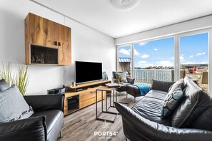 TV, caminetto, lettore DVD, libri