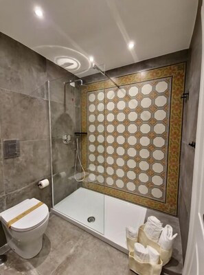 Douche, sèche-cheveux, bidet, serviettes fournies