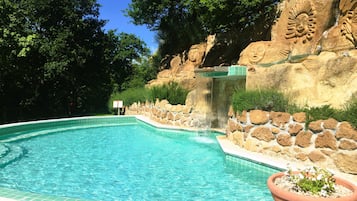 Seasonal outdoor pool, pool umbrellas, pool loungers