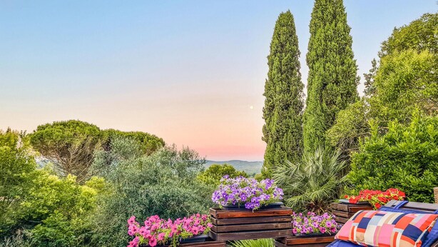 Un'area relax all'aperto illuminata dal sole, con fioriere in legno, una poltrona lounge e alberi alti sullo sfondo.