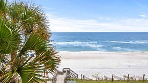 Ein Strand mit einer Holztreppe, die zum Ufer führt, umgeben von einem Zaun und einer Palme.