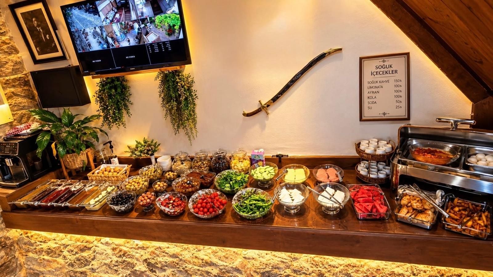 A buffet with various food items and a menu board.