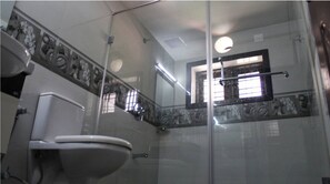 Hair dryer, towels, soap, shampoo