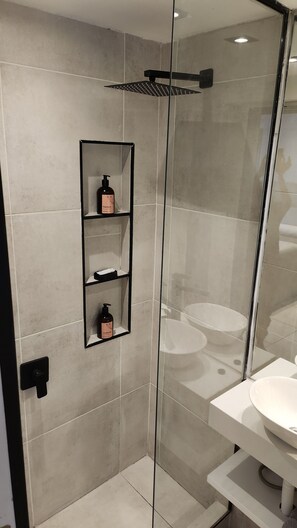 Hair dryer, bidet, towels, soap