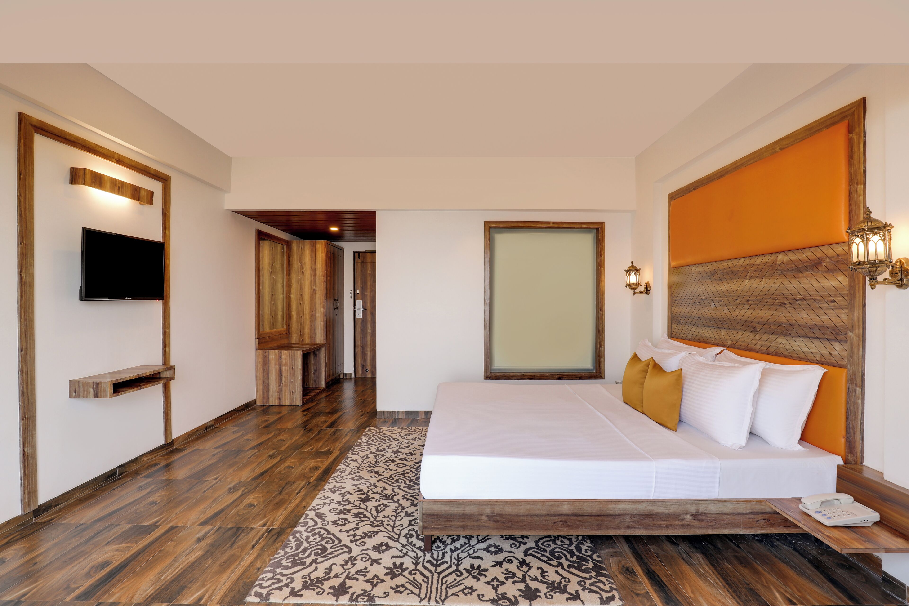 Una habitación de hotel moderna con una cama grande, un televisor de pantalla plana, suelo de madera y una alfombra estampada.