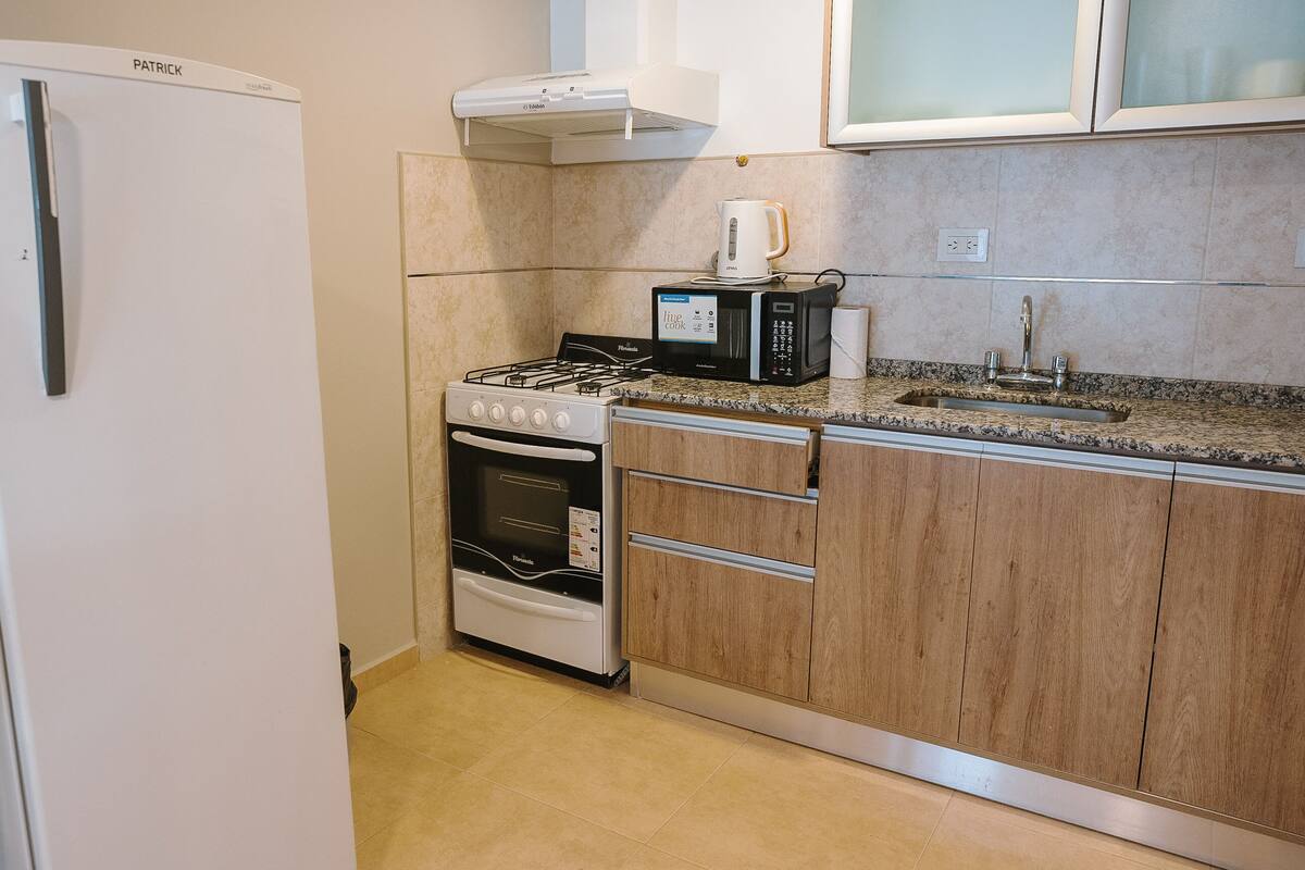 Deluxe Apartment | Private kitchen | Full-size fridge, microwave, oven, electric kettle