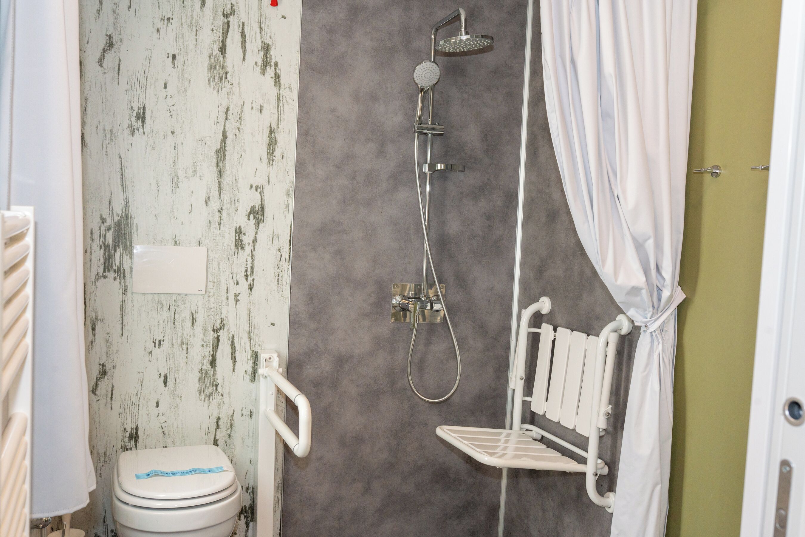 A bathroom with a shower, a toilet, and a white radiator.