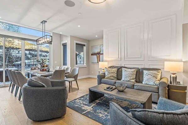 Televisio, takka, stereot, työhuone