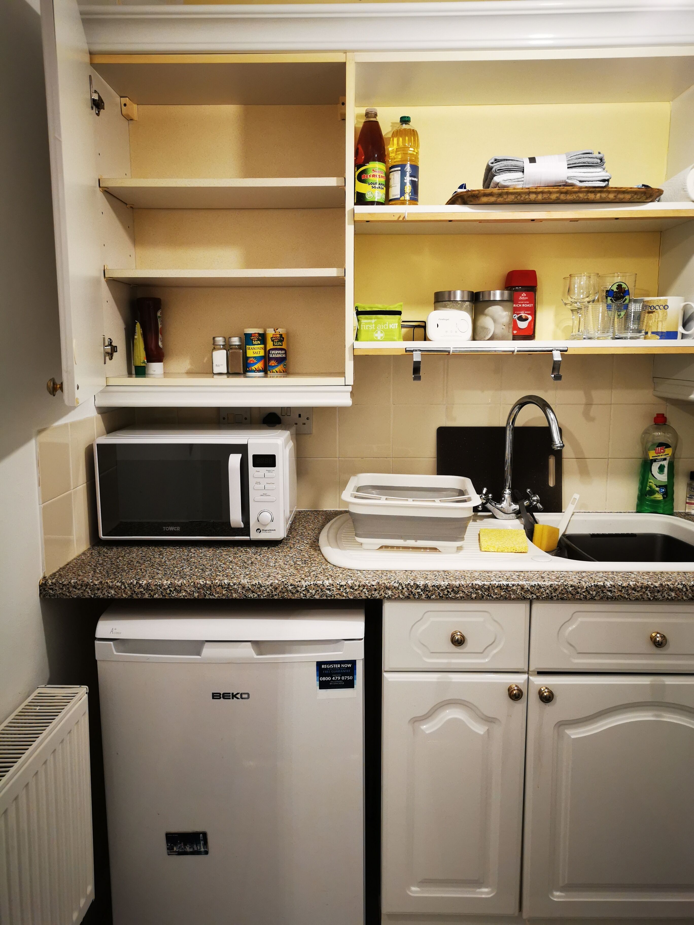 Fridge, microwave, oven, electric kettle