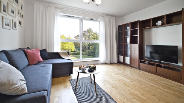 Ein modernes Wohnzimmer mit grauem Sofa, Couchtisch, Flachbildfernseher, Holzboden und einem großen Fenster mit Vorhängen.