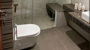 A modern bathroom with a glass-enclosed shower, a toilet, a vanity with a granite countertop, and toiletries.