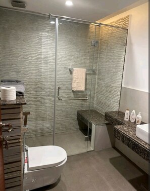 Jetted tub, hair dryer, bidet, towels