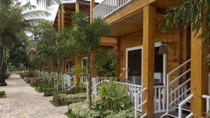 Un edificio de madera con un porche, rodeado de plantas tropicales y un camino empedrado.