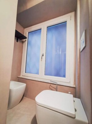 Shower, hair dryer, bidet, towels