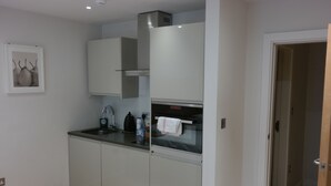 Une cuisine compacte équipée d’un four encastré, d’un four à micro-ondes et d’un évier. Un tableau encadré est accroché au mur et une serviette est suspendue à la porte du four.