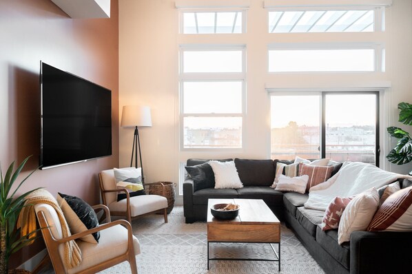 Condo, Multiple Beds, Patio, Mountain View | Living area | TV - Bold & Elevated | Espadin LoHi (Denver)