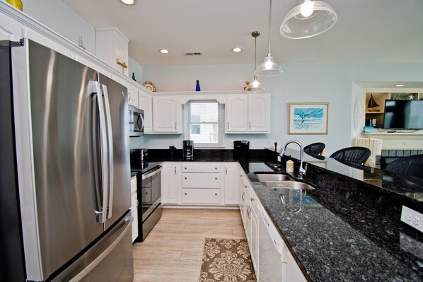 Fridge, microwave, dishwasher, coffee/tea maker