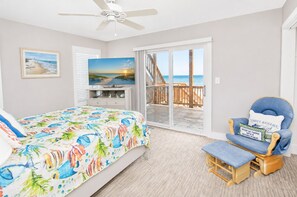 Quarto com cama, televisão, poltrona e varanda com vista para a praia.