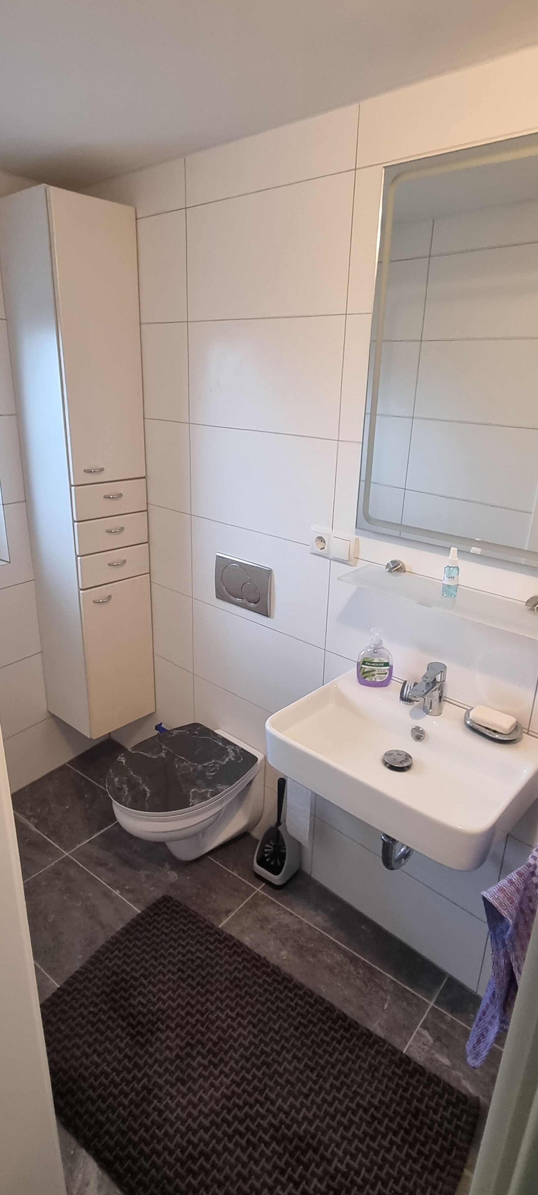 Une salle de bain avec des toilettes, un lavabo et un miroir.