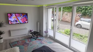 A modern living room with a large TV, a potted plant, a small table, and a view of the street through large windows.