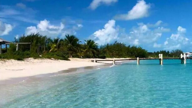 A beach with clear turquoise water, white sand, and palm trees.